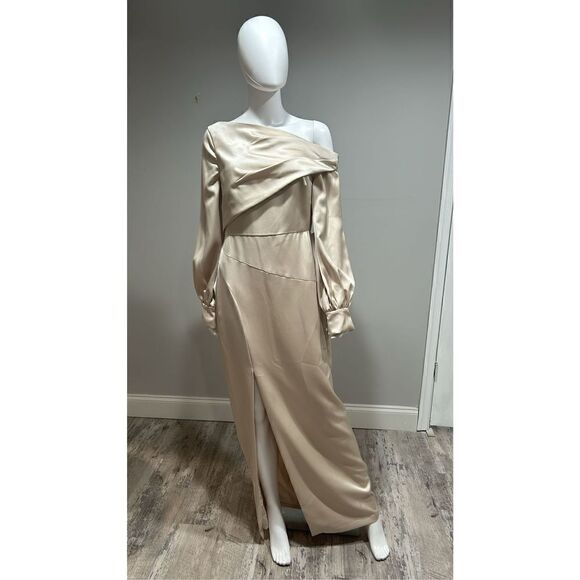Theia Cream Bishop Sleeve Column Gown Size 12 - Picture 2 of 10